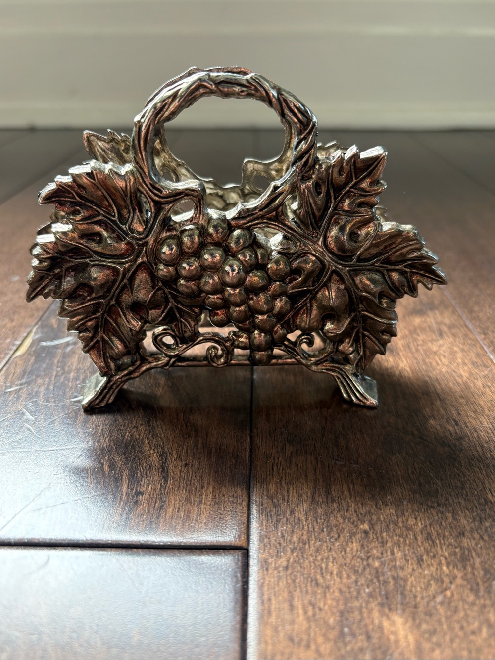 Antique Style Grape Motif Napkin & Letter Holder - Ornate Silver Decor 1980s 90s
